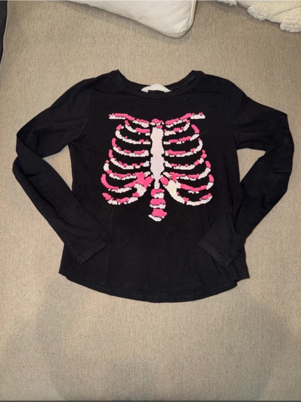 H&M Girls Black Long-Sleeve Top with Pink Skeleton Graphic